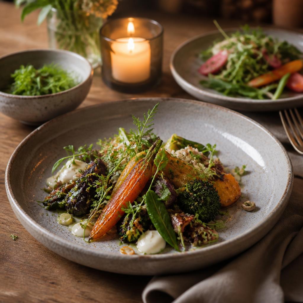 Organic plant-forward meal plated on rustic ceramics, candlelit table